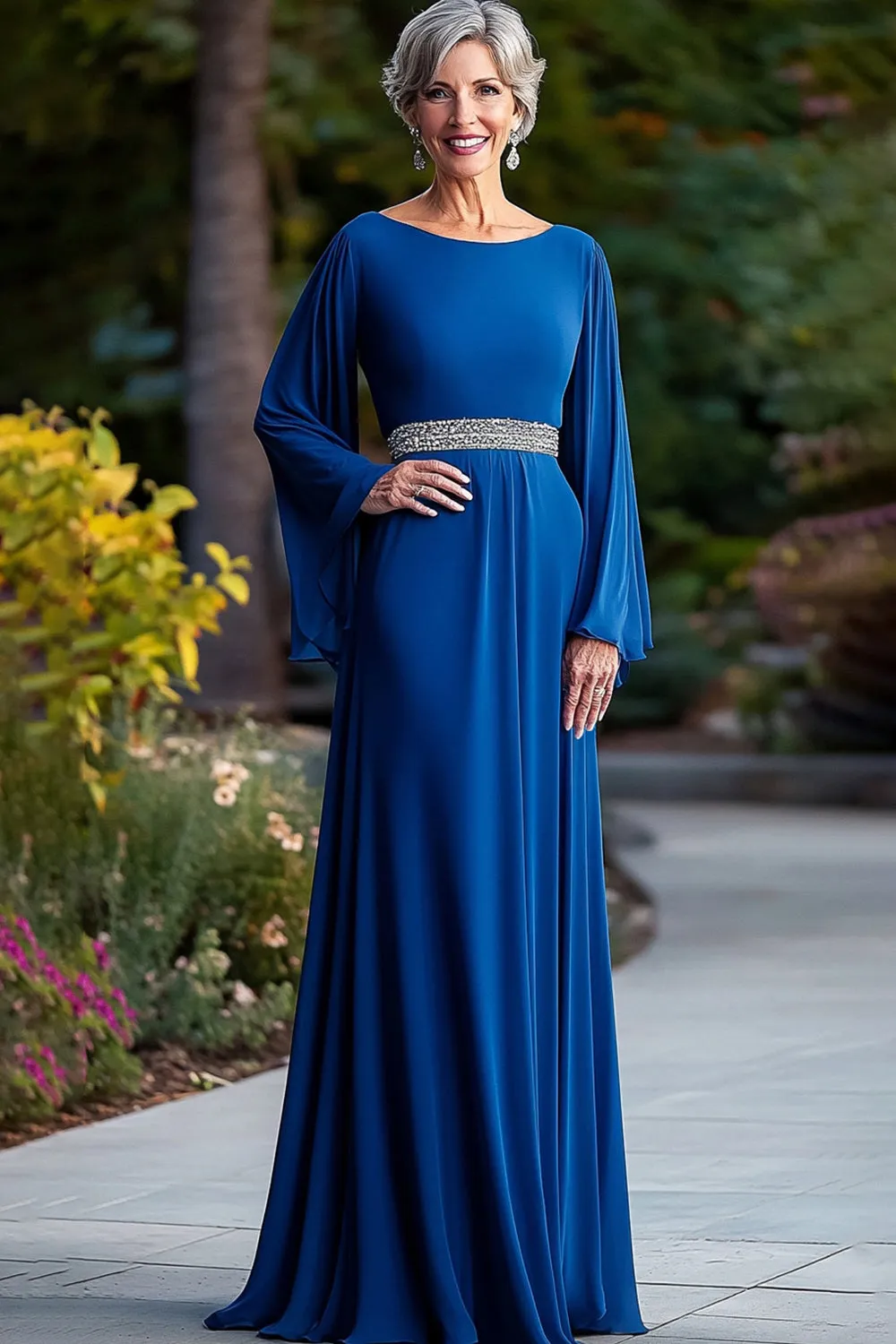 Royal Blue Loose Fit Long Sleeves Beaded Pleated Round Neck Mother Of Bride Dress sold by Zapaka