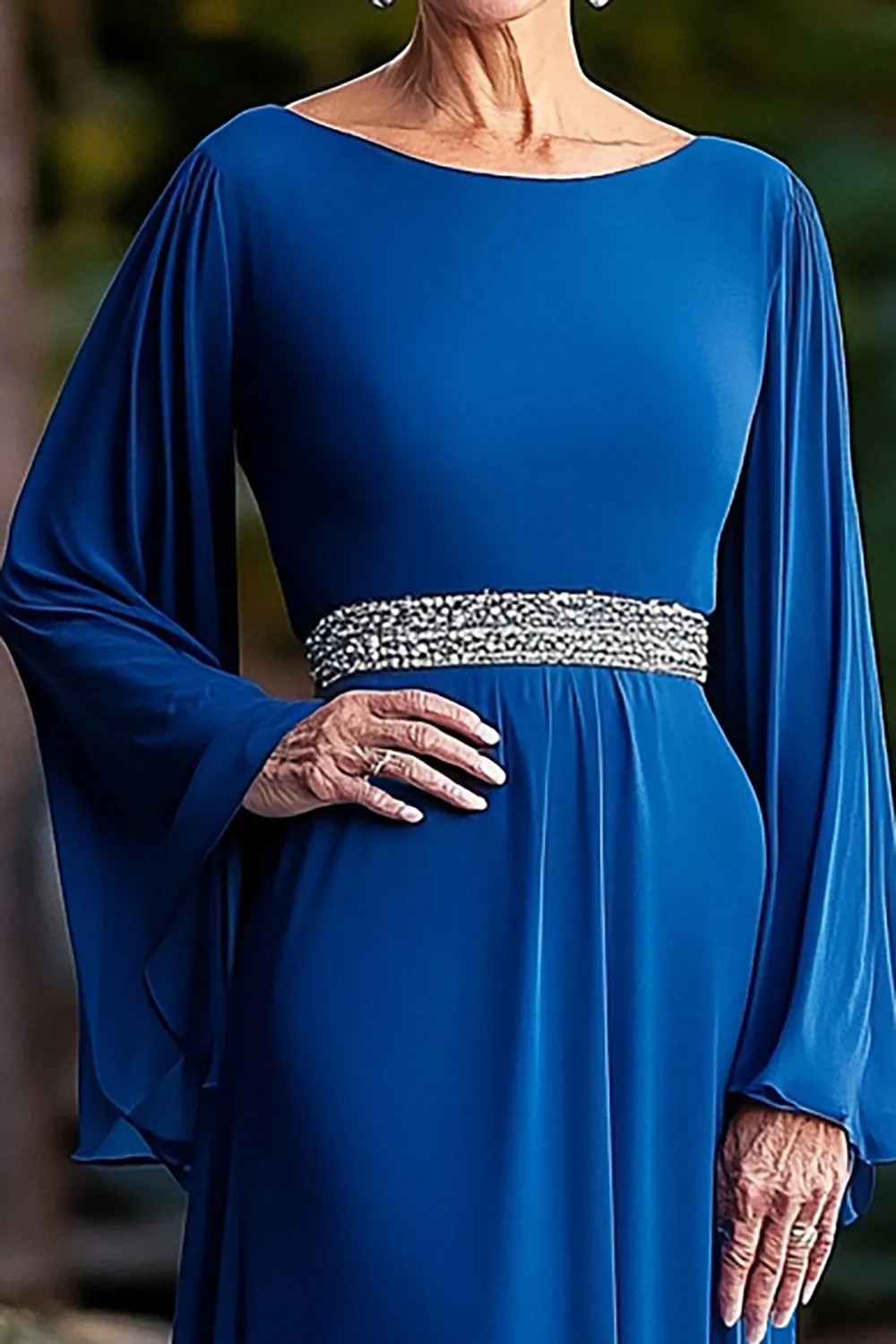 Royal Blue Loose Fit Long Sleeves Beaded Pleated Round Neck Mother Of Bride Dress sold by Zapaka product image thumbnail 2