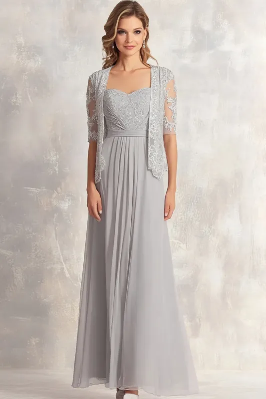 Silver Chiffon Lace Appliques Ruched 2-piece Square Neck A Line Mother of the Bride Dress sold by Zapaka