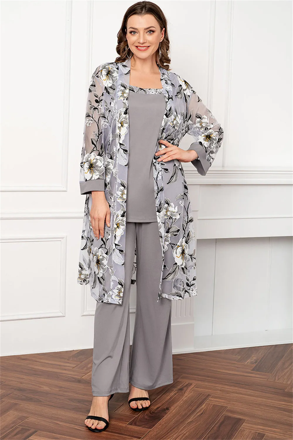 Silver Round Neck Chiffon Long Sleeves 3 Pieces Mother of the Bride Pant Suits sold by Zapaka
