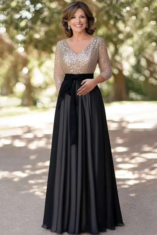 Sparkly Champagne Black A-Line Sequined Top Long Sleeves V Neck Long Mother of the Bride Dress sold by Zapaka