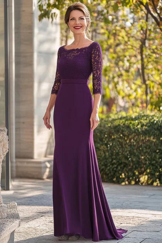 Dark Purple Mermaid 3/4 Sleeves Laced Long Mother of the Bride Dress sold by Zapaka