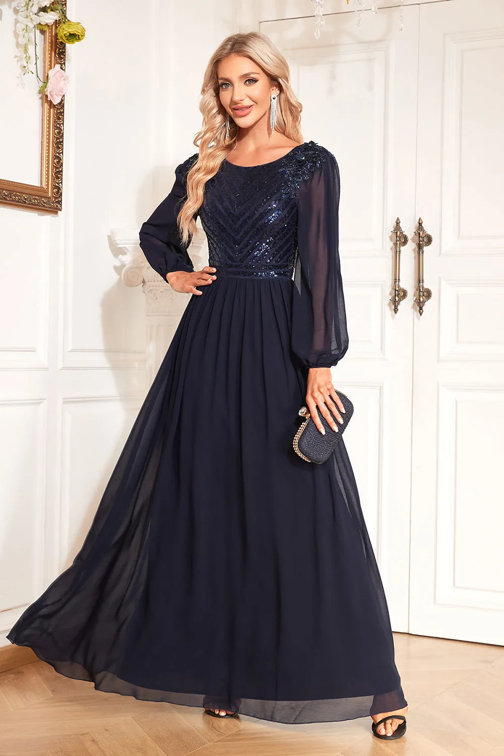 Navy Sequin Long Sleeves A Line Tulle Long Mother Of The Bride Dresse sold by Zapaka product image thumbnail 5