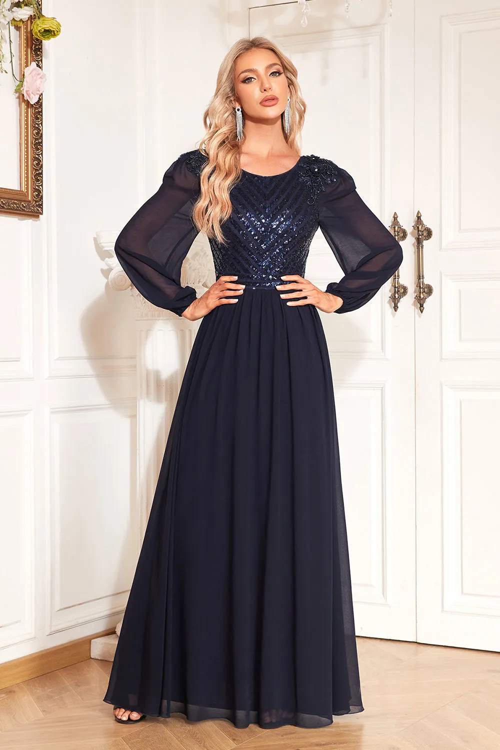 Navy Sequin Long Sleeves A Line Tulle Long Mother Of The Bride Dresse sold by Zapaka product image thumbnail 3
