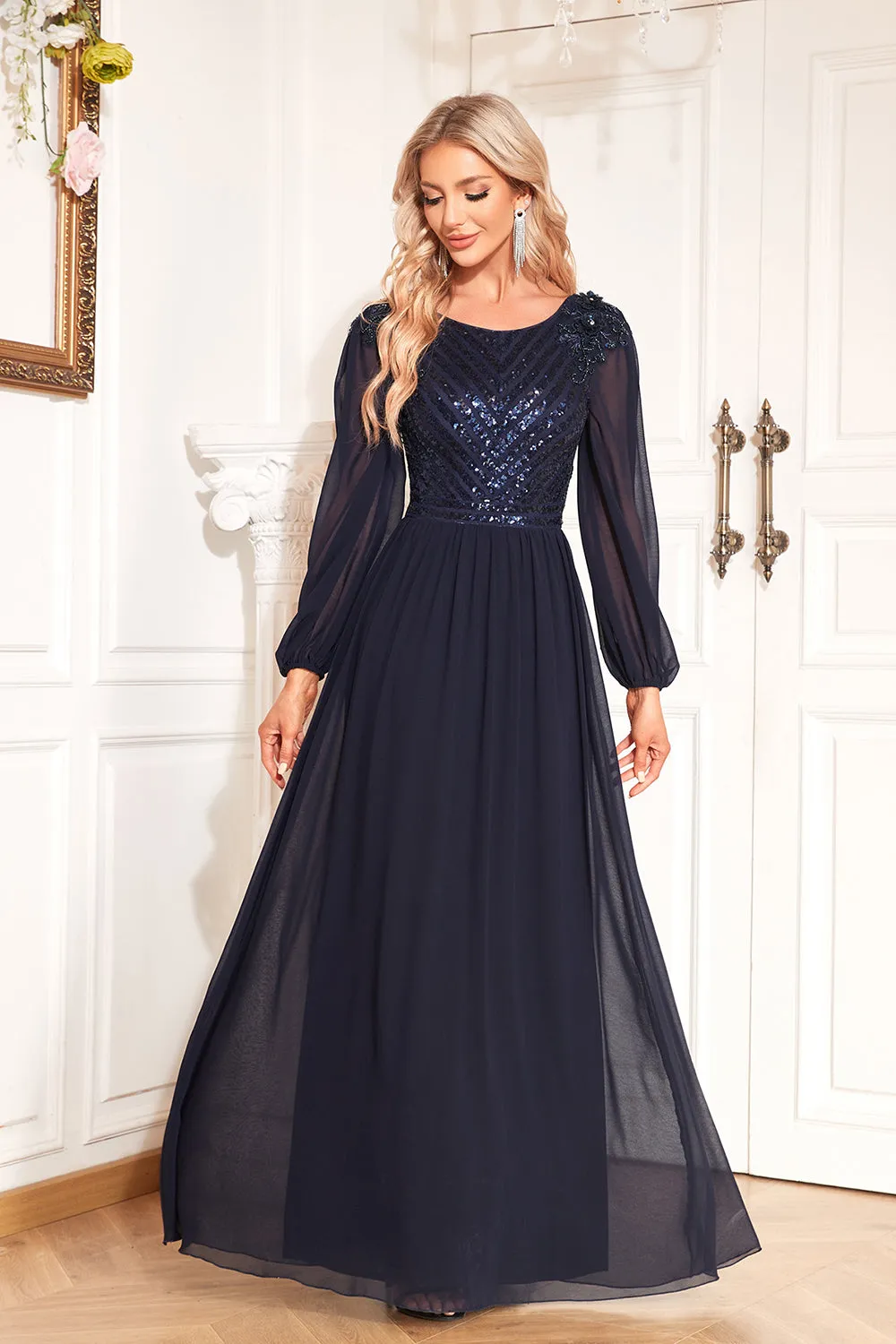 Navy Sequin Long Sleeves A Line Tulle Long Mother Of The Bride Dresse sold by Zapaka product image thumbnail 4