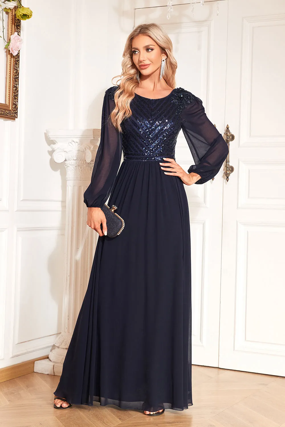 Navy Sequin Long Sleeves A Line Tulle Long Mother Of The Bride Dresse sold by Zapaka