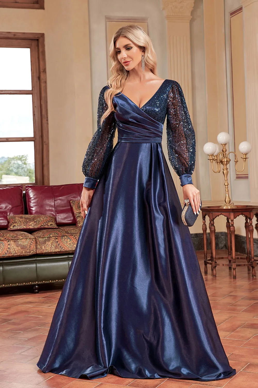 Navy Sequin Long Sleeves A Line Mother Of The Bride Dresse sold by Zapaka product image thumbnail 3