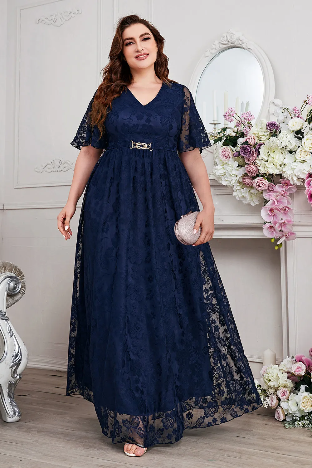 Navy A-Line Lace V-Neck Short Sleeves Long Mother of the Bride Dress sold by Zapaka product image thumbnail 5