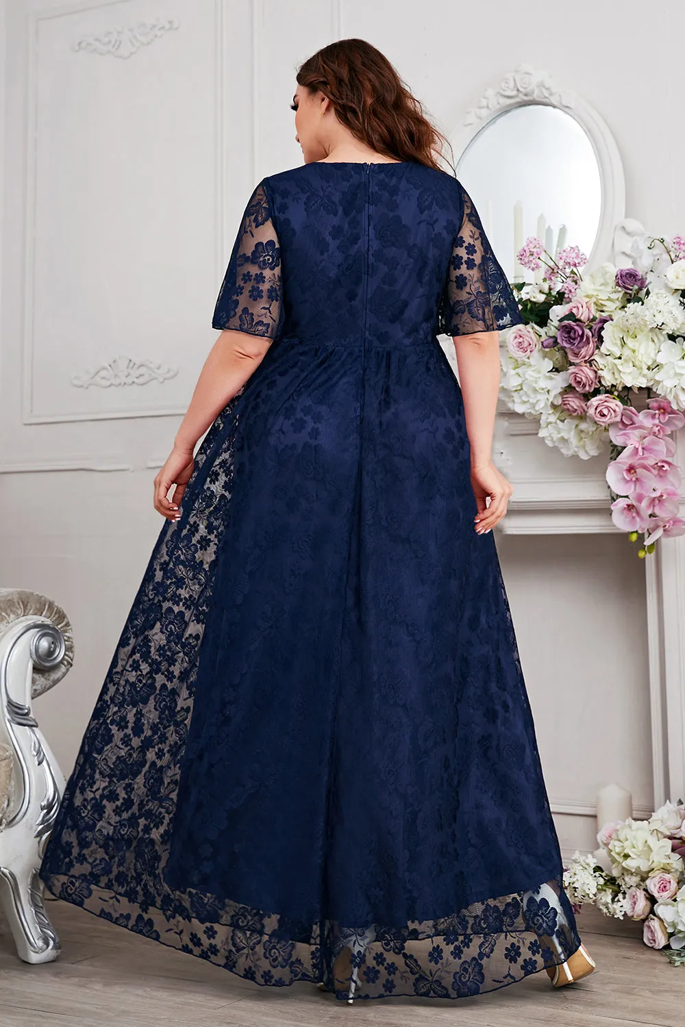 Navy A-Line Lace V-Neck Short Sleeves Long Mother of the Bride Dress sold by Zapaka product image thumbnail 2