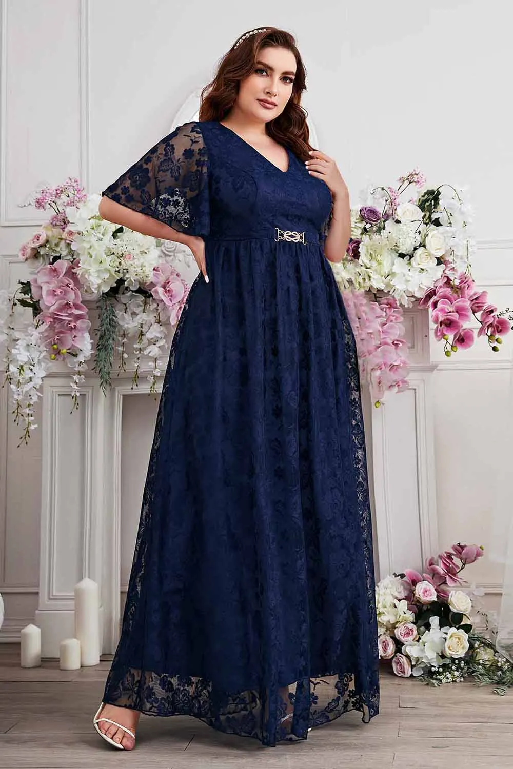 Navy A-Line Lace V-Neck Short Sleeves Long Mother of the Bride Dress sold by Zapaka product image thumbnail 3