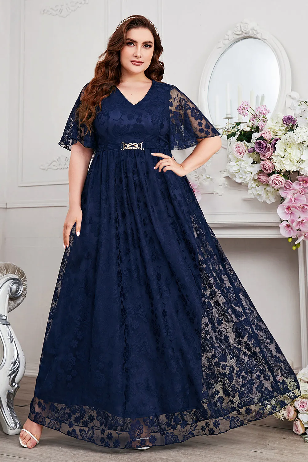 Navy A-Line Lace V-Neck Short Sleeves Long Mother of the Bride Dress sold by Zapaka