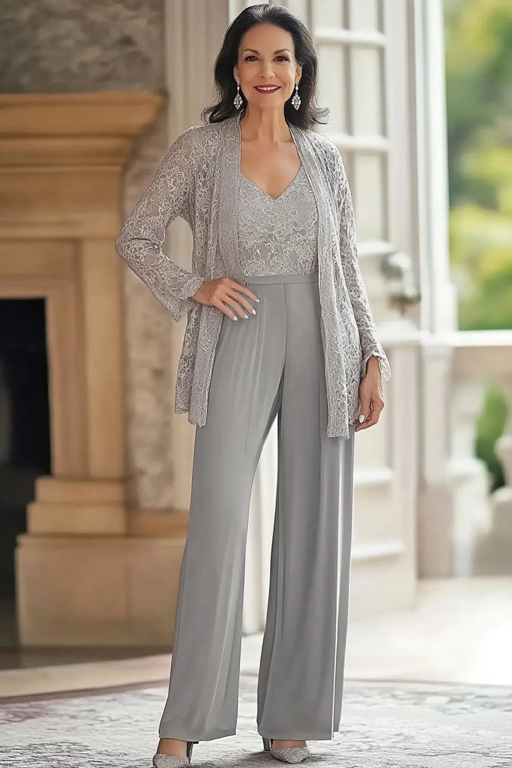 Grey V Neck Bodycon Lace Party Jumpsuit with Lace Coat sold by Zapaka