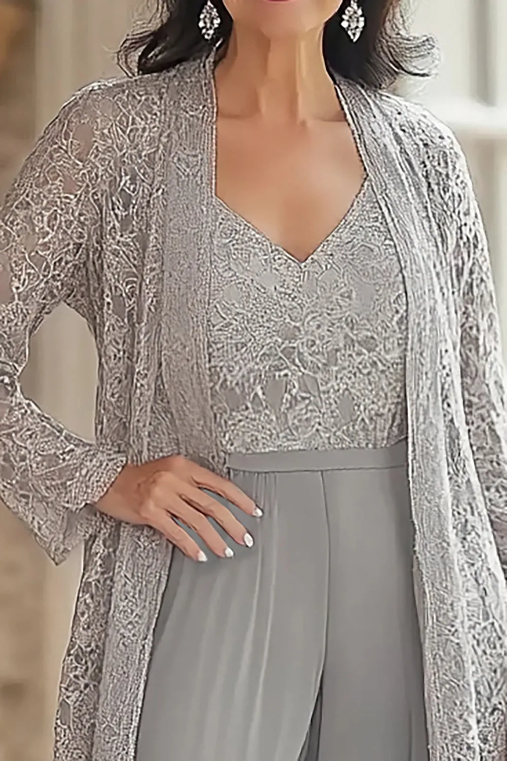 Grey V Neck Bodycon Lace Party Jumpsuit with Lace Coat sold by Zapaka product image thumbnail 2