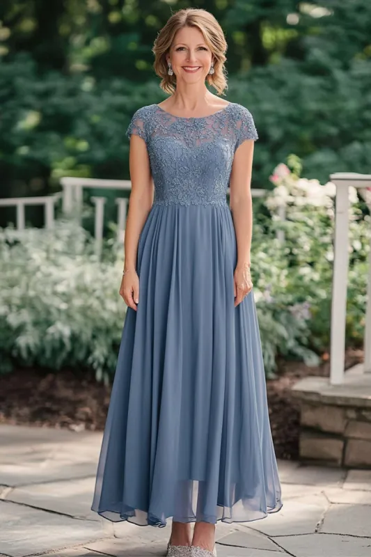 Grey Blue A-Line Illusion Lace Neck Chiffon Ankle Length Mother of the Bride Dress sold by Zapaka