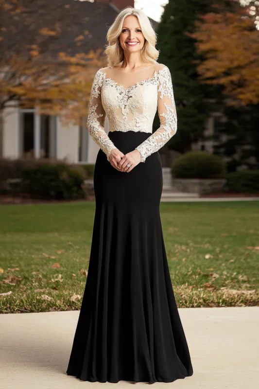 Champagne Black Mermaid Illusion Neck Long Sleeves Mother of the Bride Dress with Appliques sold by Zapaka