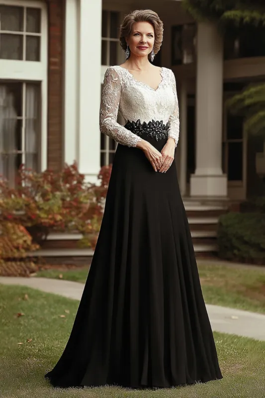 Champagne Black A Line V Neck 3/4 Sleeves Lace Long Mother Dress sold by Zapaka