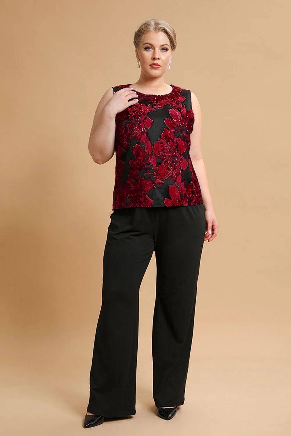 Black Red Flower Round Neck Long Sleeves 3 Pieces Mother of the Bride Pant Suits sold by Zapaka product image thumbnail 4