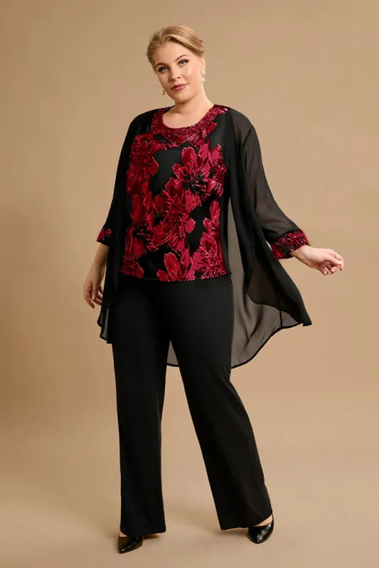 Black Red Flower Round Neck Long Sleeves 3 Pieces Mother of the Bride Pant Suits sold by Zapaka