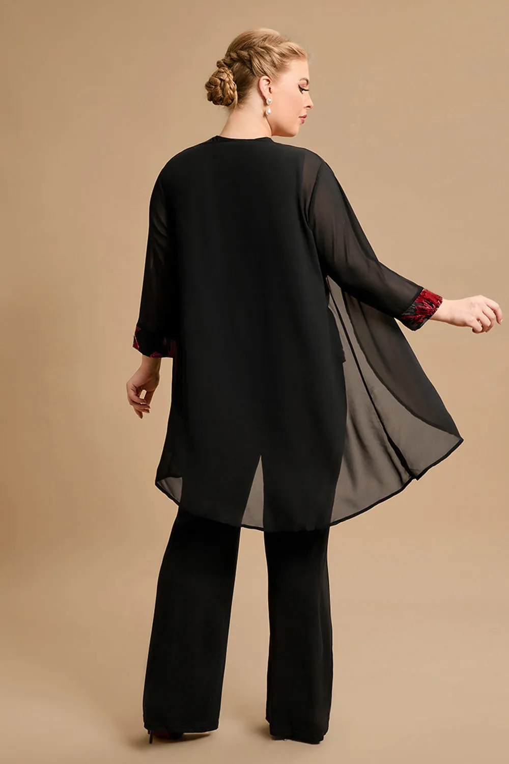 Black Red Flower Round Neck Long Sleeves 3 Pieces Mother of the Bride Pant Suits sold by Zapaka product image thumbnail 2