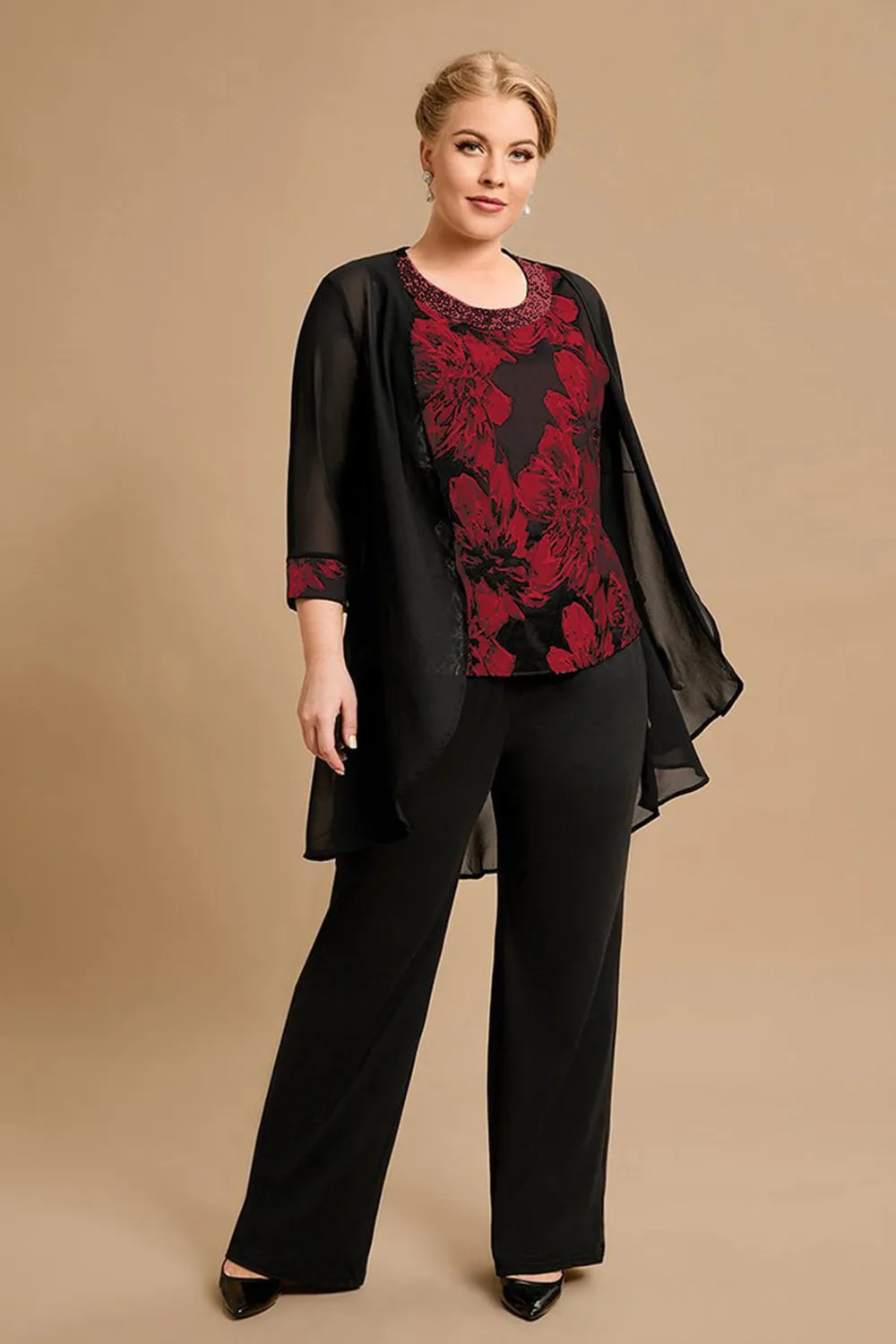Black Red Flower Round Neck Long Sleeves 3 Pieces Mother of the Bride Pant Suits sold by Zapaka product image thumbnail 3