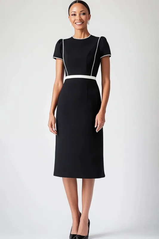 Black Crew Neck Cap Sleeves Belt Midi Length Mother Dress sold by Zapaka