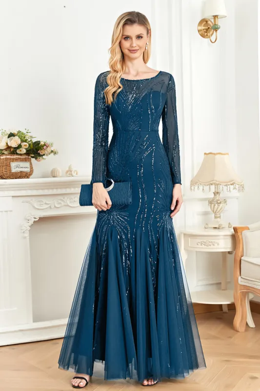 Sparkly Ink Blue Appliques Beads Long Sleeves Round Neck Mother Of The Bride Dress sold by Zapaka