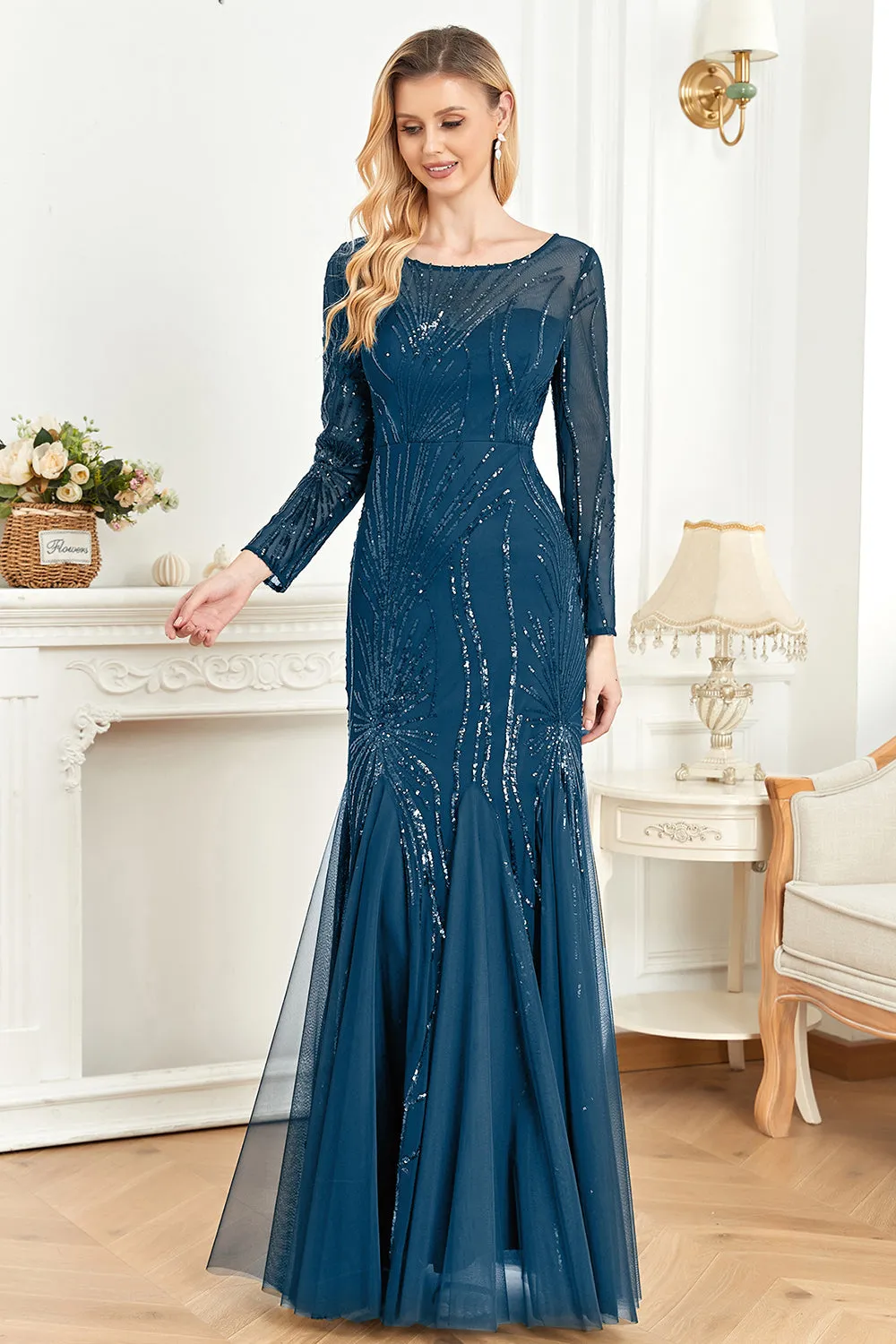 Sparkly Ink Blue Appliques Beads Long Sleeves Round Neck Mother Of The Bride Dress sold by Zapaka product image thumbnail 4