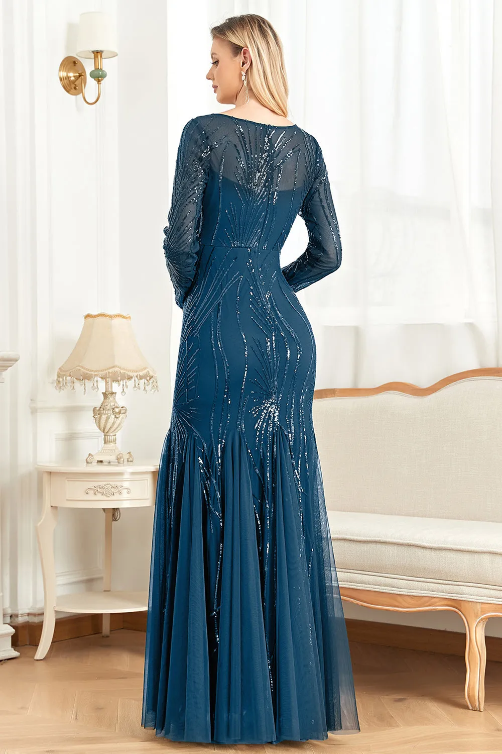 Sparkly Ink Blue Appliques Beads Long Sleeves Round Neck Mother Of The Bride Dress sold by Zapaka product image thumbnail 2
