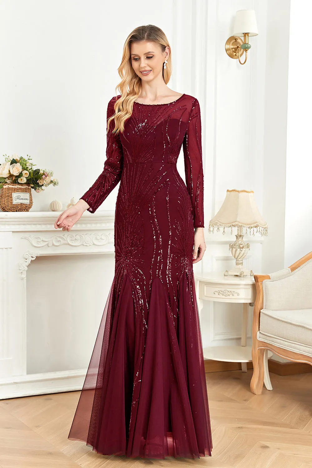 Sparkly Ink Blue Appliques Beads Long Sleeves Round Neck Mother Of The Bride Dress sold by Zapaka product image thumbnail 5