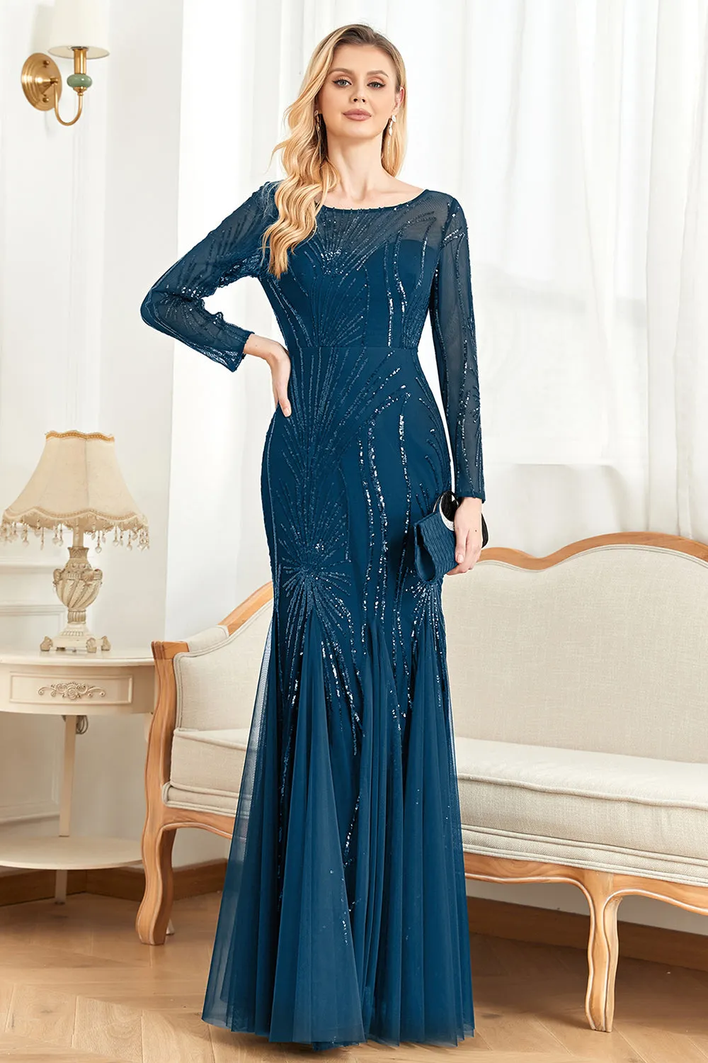 Sparkly Ink Blue Appliques Beads Long Sleeves Round Neck Mother Of The Bride Dress sold by Zapaka product image thumbnail 3