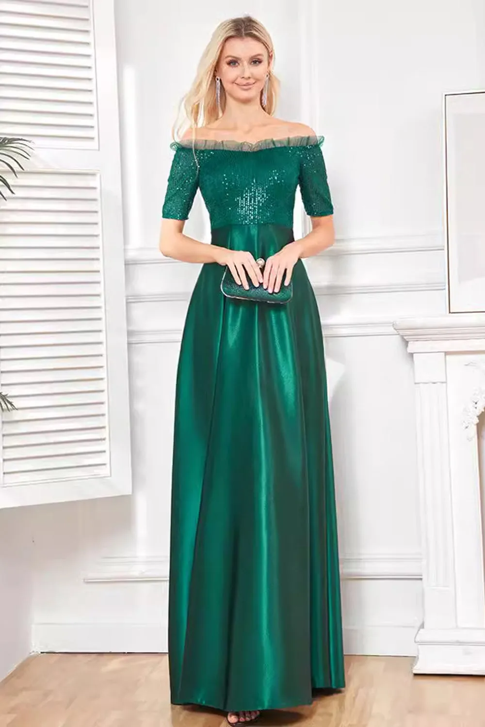 Sparkly Dark Green Satin A Line Mother of Bride Dress sold by Zapaka product image thumbnail 4