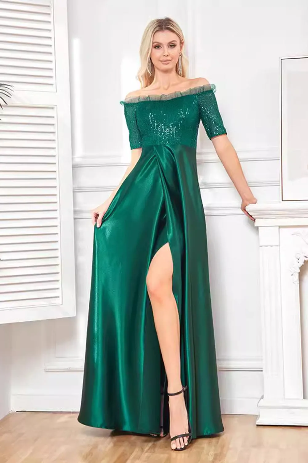 Sparkly Dark Green Satin A Line Mother of Bride Dress sold by Zapaka product image thumbnail 3