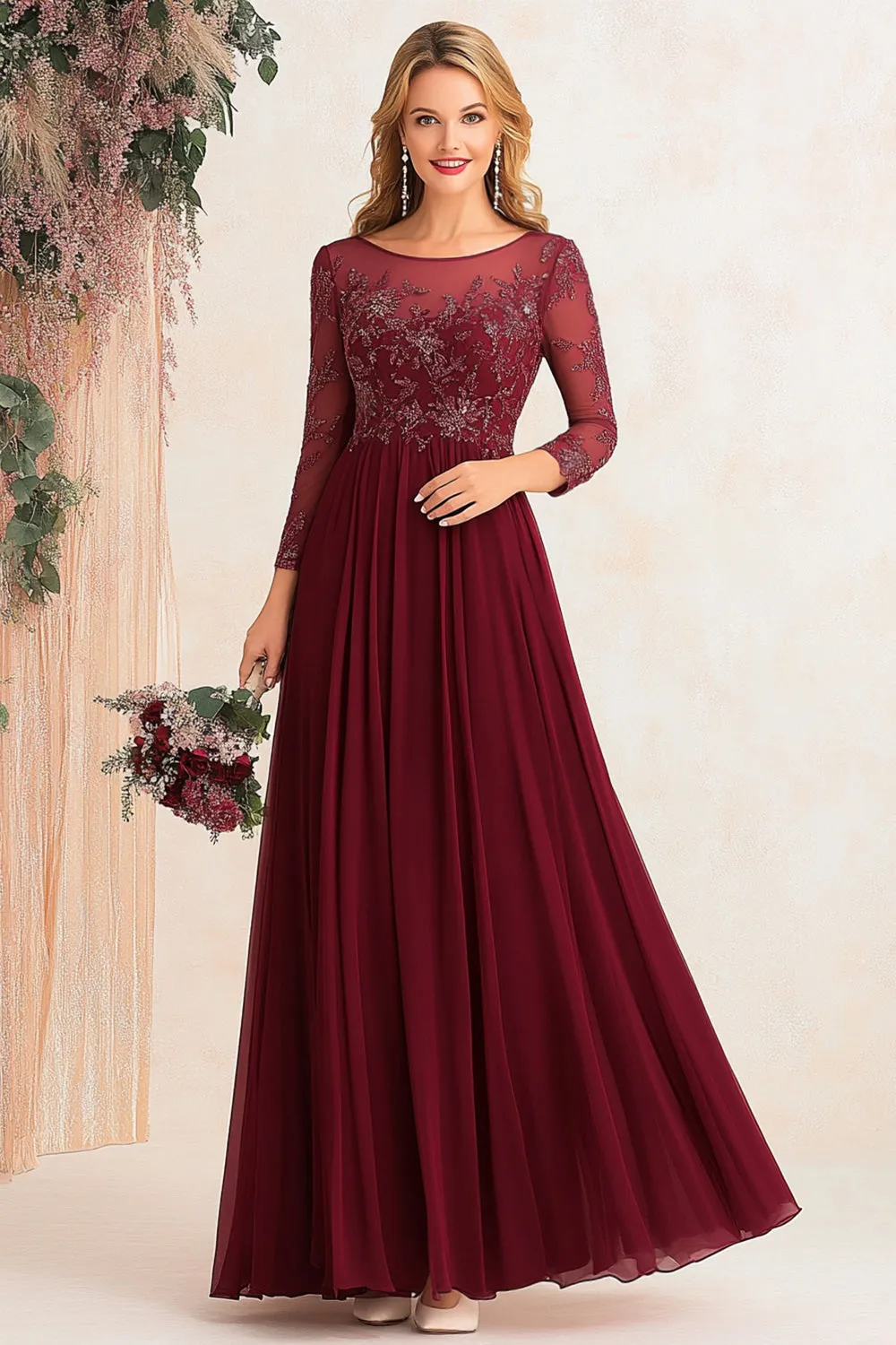 Elegant Burgundy A-Line Boat Neck Mother of the Bride Dress With Beading sold by Zapaka