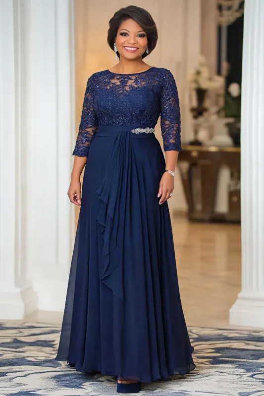 Elegant Navy A Line Boat Neck Chiffon Long Mother Of the Bride Dress with Lace Appliques sold by Zapaka