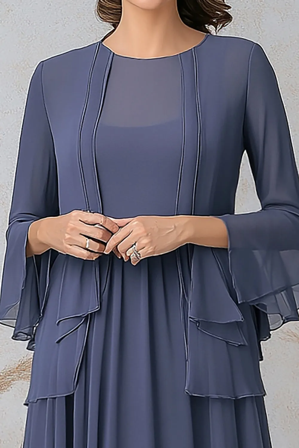 Grey Blue A Line Two-Piece Mother of the Bride Dress with Long Sleeves sold by Zapaka product image thumbnail 2
