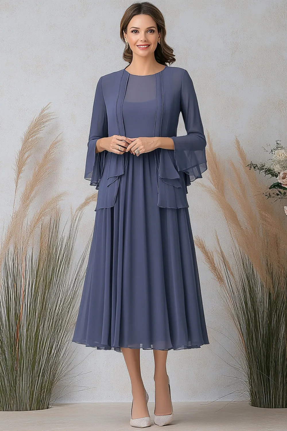 Grey Blue A Line Two-Piece Mother of the Bride Dress with Long Sleeves sold by Zapaka