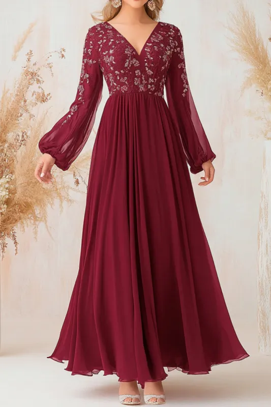 Elegant Burgundy A Line V-Neck Mother Of Bride Dress With Lace Appliques sold by Zapaka