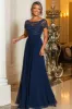 Navy A-Line Boat Neck Lace Appliques Chiffon Long Mother Of the Bride Dress with Short Sleeves sold by Zapaka