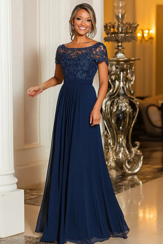 Navy A-Line Boat Neck Lace Appliques Chiffon Long Mother Of the Bride Dress with Short Sleeves sold by Zapaka