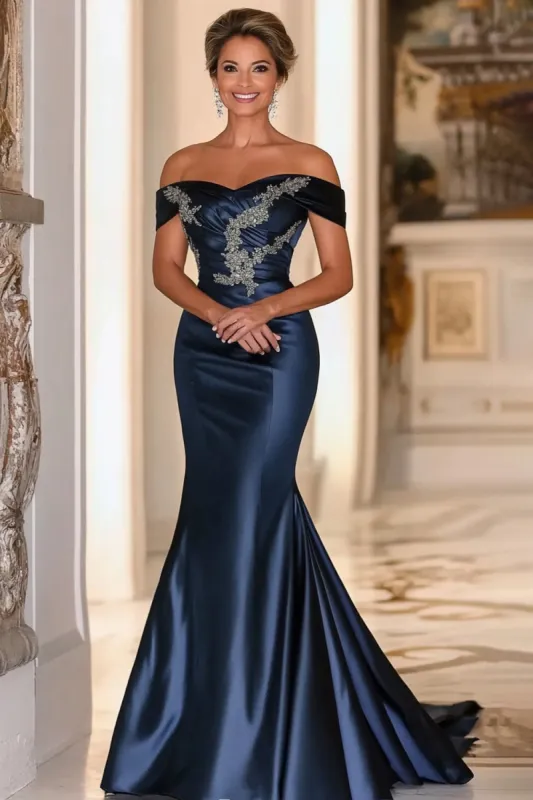 Navy Off the Shoulder Mermaid Satin Long Mother Of the Bride Dress with Embroidery sold by Zapaka