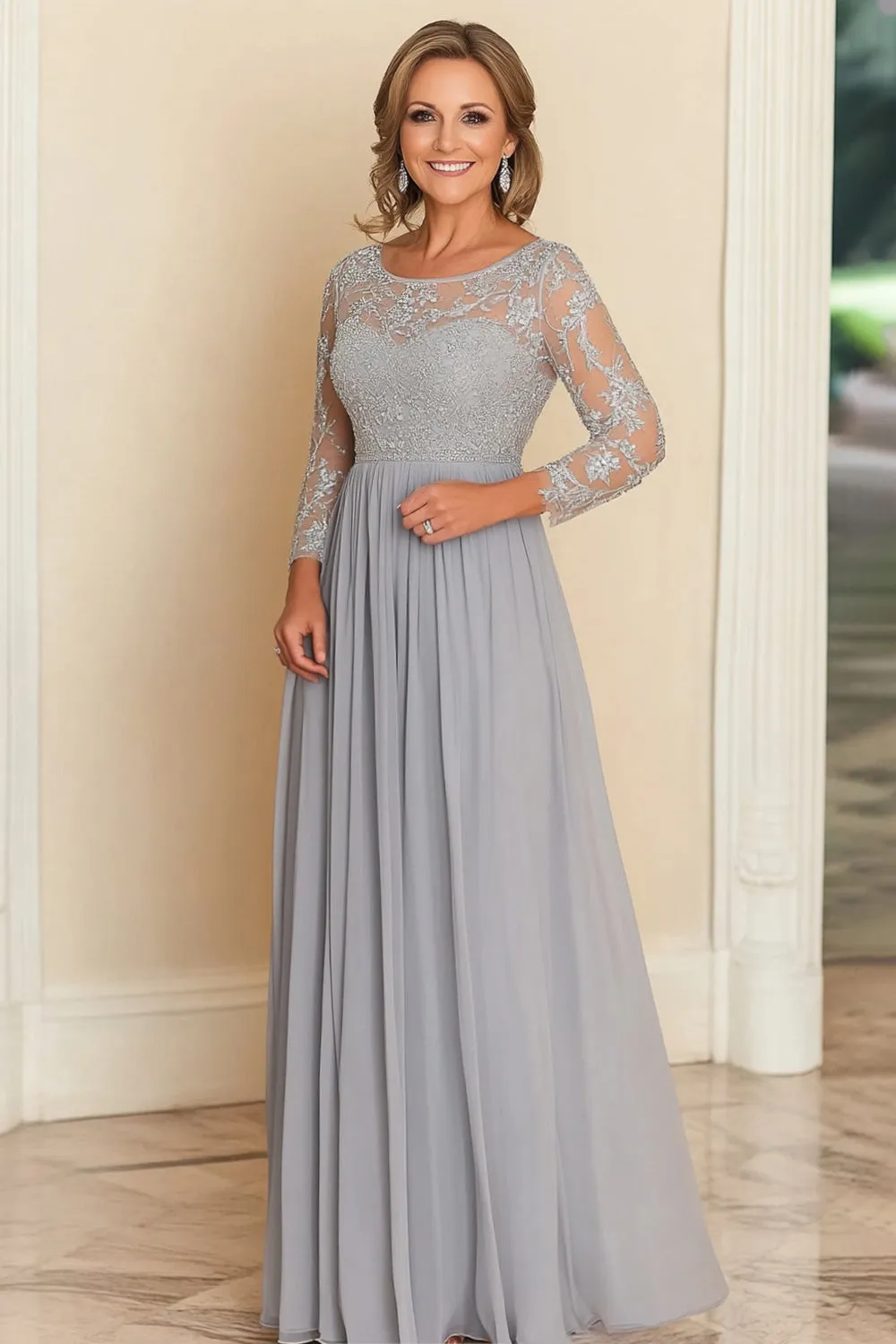 Silver A Line Scoop Chiffon Mother Of the Bride Long Dress with Lace Appliques sold by Zapaka