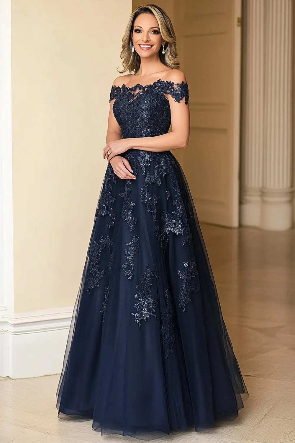 Elegant Navy Off the Shoulder A-Line Tulle Long Mother Of the Bride Dress with Lace Appliques sold by Zapaka