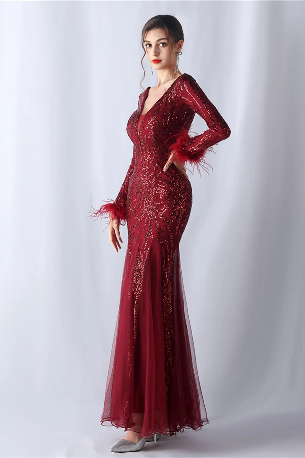 Sparkly Mermaid Burgundy Feathered Mother of Bride Dress with Long Sleeves sold by Zapaka product image thumbnail 3