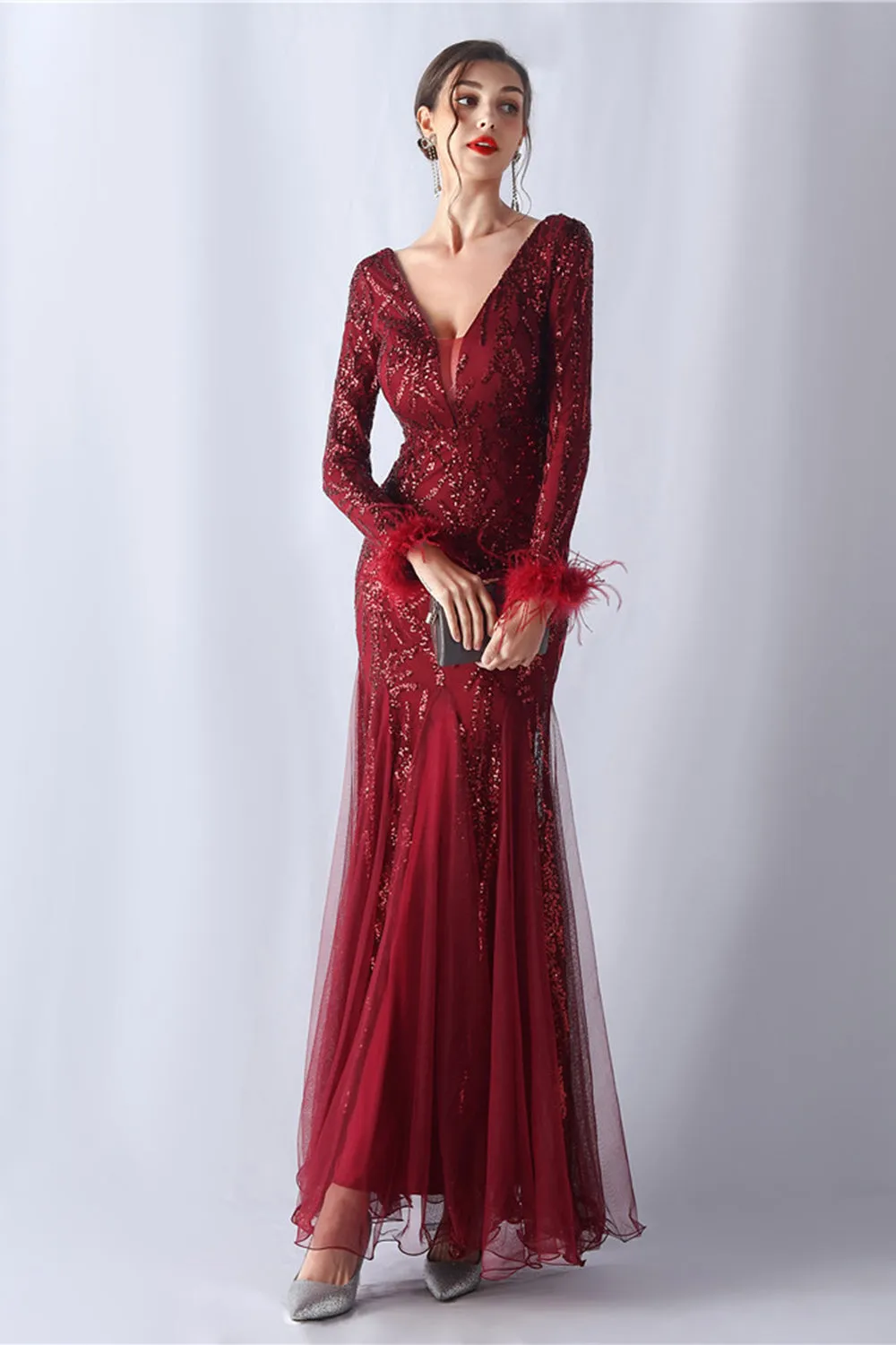 Sparkly Mermaid Burgundy Feathered Mother of Bride Dress with Long Sleeves sold by Zapaka product image thumbnail 4