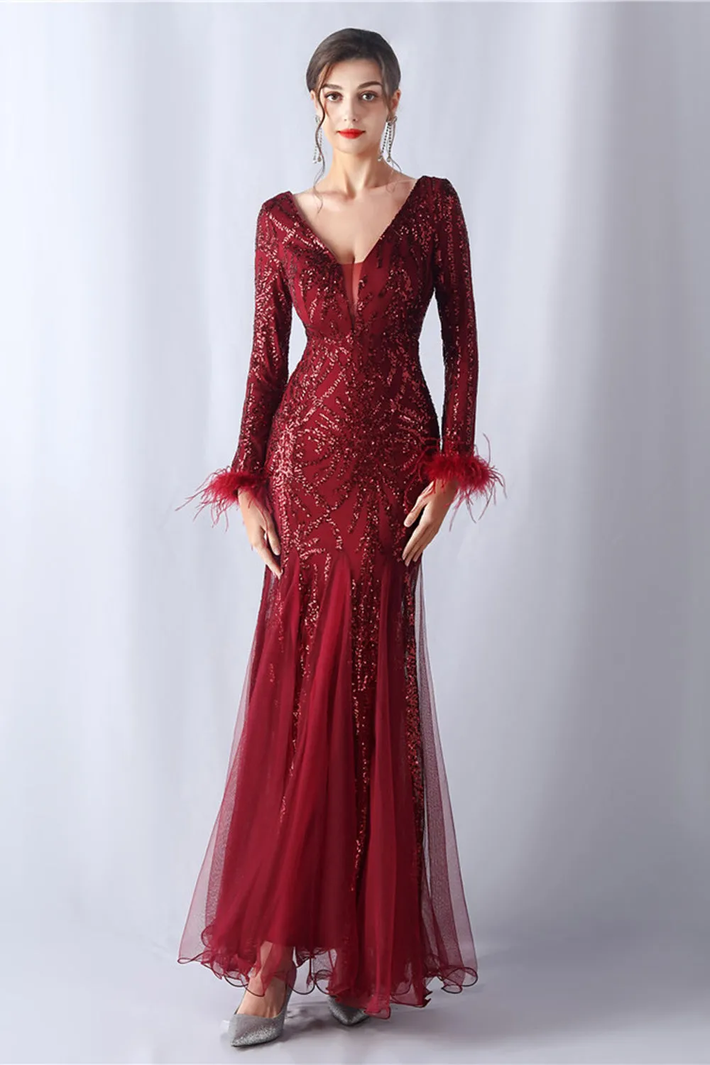 Sparkly Mermaid Burgundy Feathered Mother of Bride Dress with Long Sleeves sold by Zapaka