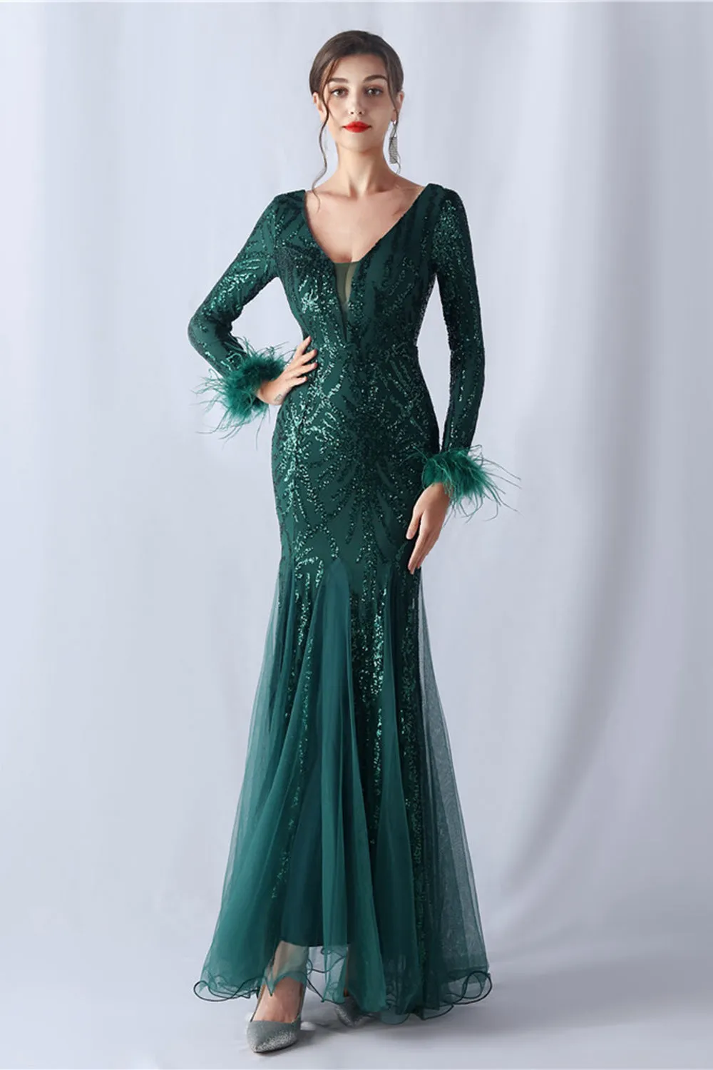 Sparkly Mermaid Burgundy Feathered Mother of Bride Dress with Long Sleeves sold by Zapaka product image thumbnail 5