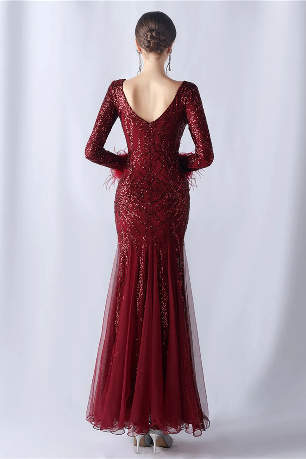 Sparkly Mermaid Burgundy Feathered Mother of Bride Dress with Long Sleeves sold by Zapaka product image thumbnail 2