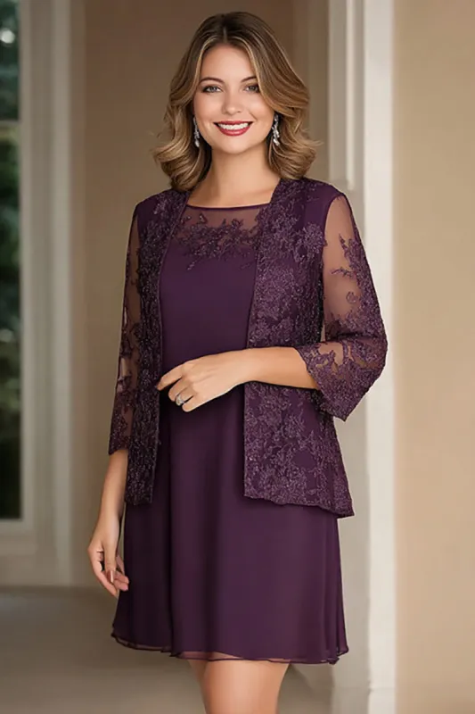Elegant Plum Pencil Boat Neck Chiffon Long Mother Of the Bride Dress with Lace Appliques made by Zapaka