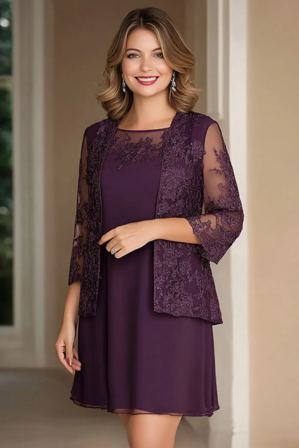 Elegant Plum Pencil Boat Neck Chiffon Long Mother Of the Bride Dress with Lace Appliques sold by Zapaka
