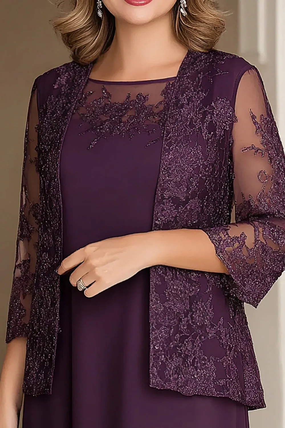 Elegant Plum Pencil Boat Neck Chiffon Long Mother Of the Bride Dress with Lace Appliques sold by Zapaka product image thumbnail 2